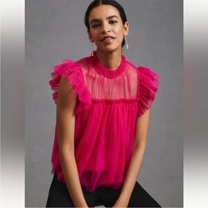 NWOT Sunday in Brooklyn - Anthropologie hot pink ruffle sleeve party top, Small